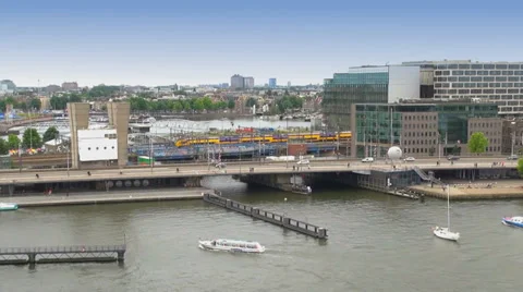 High angle shot of Amsterdam and Amstel River Stock Footage 38568724