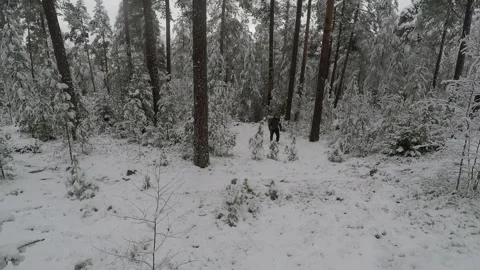 High-angle shot of backpacker walking towards camera through snowy forest Stock Footage 145951449