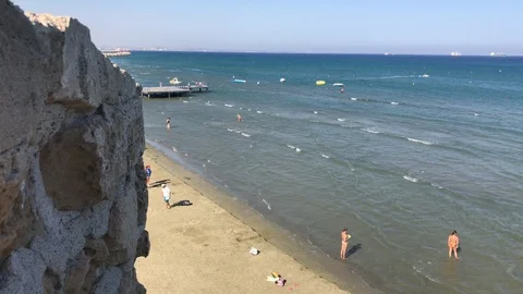 High Angle Shot of the Beach out of Larnaca Castle Stock Footage 89585670
