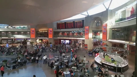 High angle shot of big hall in center of Ben Gurion Airport, crowd of people Stockbeeldmateriaal 78713540
