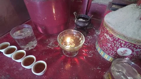 High angle shot of burning wick, Buddhist or Chinese altar, George Town, Penang Stock Footage 159848773