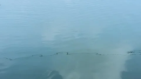 High angle shot of calm blue water surface with reflection of white clouds .. Stock Footage 337583333