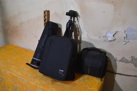 High Angle Shot of Camera Carrying Solutions on Table Stock Photos