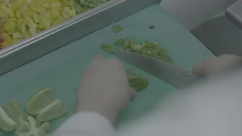 High-angle shot of chef dicing green bell peppers Stock-Footage 327356090
