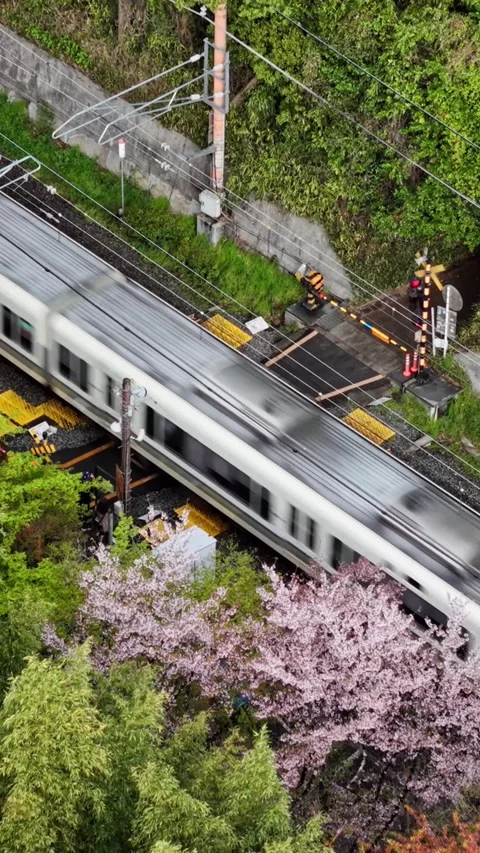 High angle shot of commuter train passing through suburban railroad crossin.. 库存影片 335615450