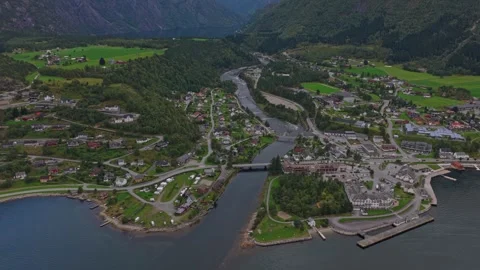 High angle shot of Eidfjord by the water in scenic Norway landscape Stock Footage 320245602
