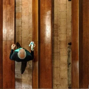High angle shot of an elderly man walking on the floor made of rocks and wood 스톡 사진