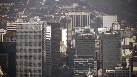 A high-angle shot of high-rise buildings in downtown Seoul, South Korea Stock Footage