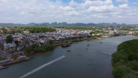 High-angle shot of Krabi old town cityscape and roads, Thailand Stock Footage 303498241