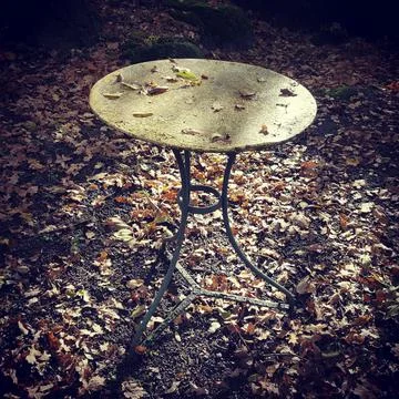High angle shot of leaves falling on a round table in the garden in autumn Stock Photos