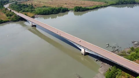 High angle shot of a lengthy bridge crossing a broad river with verdant greenery Stock Footage 317449741