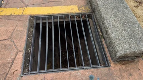 High Angle Shot of Metal Drainage Grate on Urban Sidewalk Stock Footage 329286542