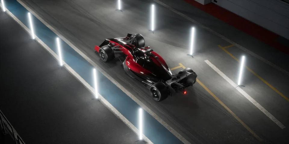 High angle shot modern generic sports racing car driving out from pitlane garage Illustrazione stock
