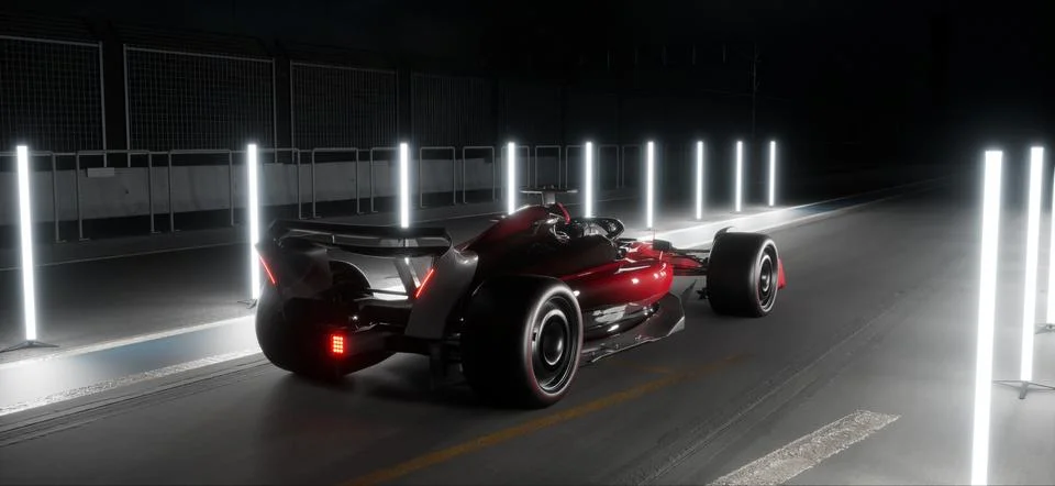 High angle shot modern generic sports racing car driving out from pitlane garage Illustrazione stock