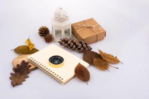 High angle shot of a notebook with acorns on the side on a white background Stock Photos