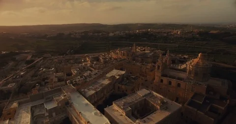 High Angle shot over Mdina during sunset Stock Footage 73469614