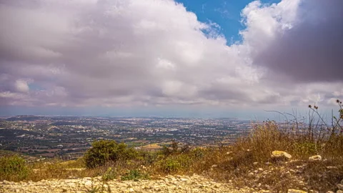 High angle shot over seaside town from radio station viewpoint in Cyprus Stock Footage 245425274