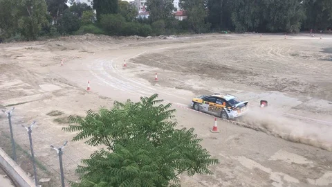 High Angle shot of Rally car on the track Stock Footage 95885704