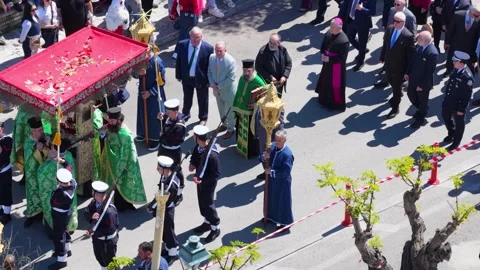 High angle shot of a religious parade in Corfu, Greece on Palm Sunday Video stock 333639695