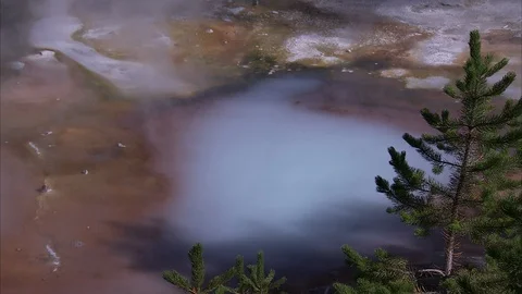 High-angle shot of rocky volcanic hole, filled with thick white smoke. Stock Footage 86756065