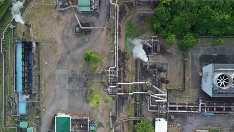 High angle shot shows a wellpad geothermal power plant. Stock Footage 336808208