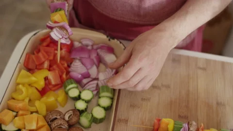 High angle shot of a skewer run through organic produce Video stock 153295339