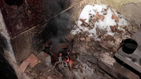 High Angle Shot of Smoke Coming Out of Brick Stove Inside Cabin Stock Footage 334239272