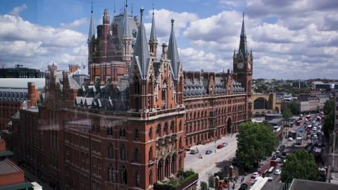 High Angle Shot of St Pancras Exterior with Passing Traffic and Commuters Stock Footage 287739351