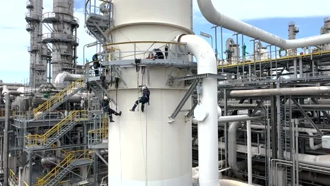 High angle shot of technicians repairing a plant in an oil or chemical refinery. Stock Footage 301856102