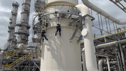 High angle shot of technicians repairing a plant in an oil or chemical refinery. Stock Footage 307173539