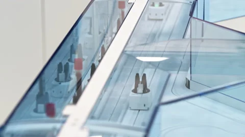 High angle shot of test tubes moving around on an automated lab line behind the Stock Footage 232688428