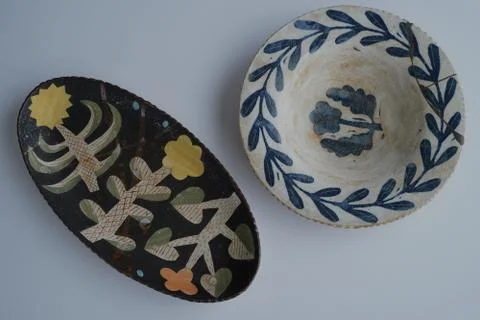 High angle shot of two plates with beautiful floral patterns on grey backgrou Stock Photos
