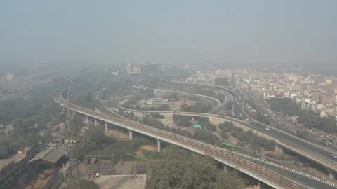 High-angle shot of urban road infrastructure and highway traffic. Stock-Footage 330154443