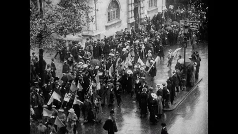 High angle shot of Women's Demonstration at Hungerford Bridge, UK 1915 Stock Footage 136686257