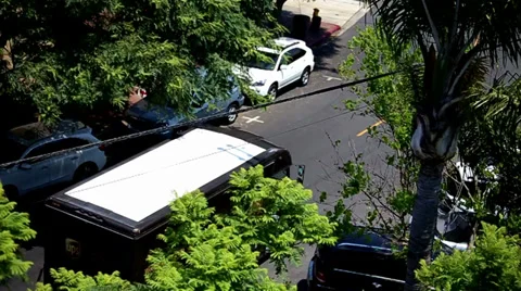 High Angle Side Street View of One UPS Truck Video stock 32245281