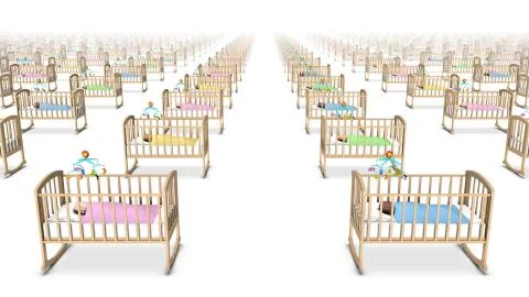 High angle side view of endless Cribs with Baby Foto stock
