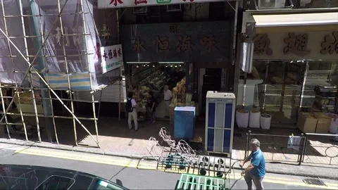 High Angle Side View, Vehicle Shot, Chinese Shops, Sheung Wan, Hong Kong Видео 259959976