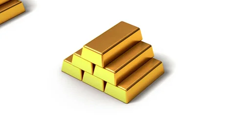 High angle up from single Gold bar revealing many Gold bars Stock Footage 27678115