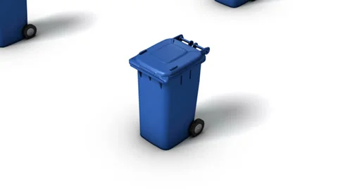 High angle up from single Trashcan revealing many (Blue) many Stock Footage 33401572