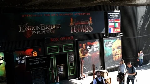 High angle slow motion view on London Bridge experience box office Stock Footage 107887336