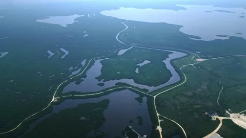 High-Angle Slow Orbit over Vast Marsh Landscape with Lakes and Trails Vidéo 316308242