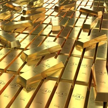 High Angle Square View of Scattered Gold - 3d illustration Stock Illustration