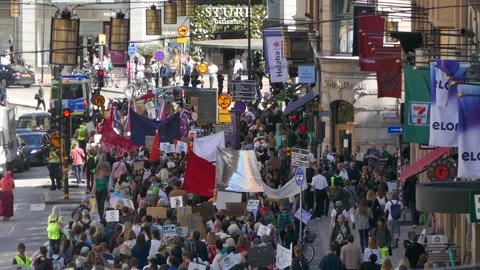 High angle Stockholm climate march fills city street, with protest signs Stock Footage 320743911