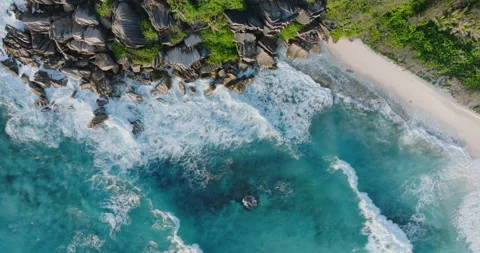 High angle straight down circular aerial view of Grand Anse beach, Seychelles Stock Footage 221839287