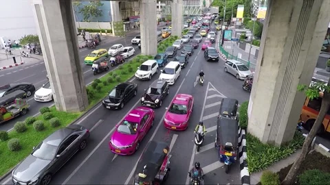 High Angle Street View, Road Traffic Jam, Pathum Wan, Bangkok, Thailand Stock Footage 289721677