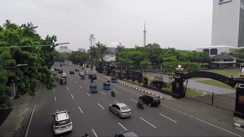 High Angle Street View, Road Traffic, Istiqlal Mosque, Jakarta, Java, Indonesia Stock Footage 313075400