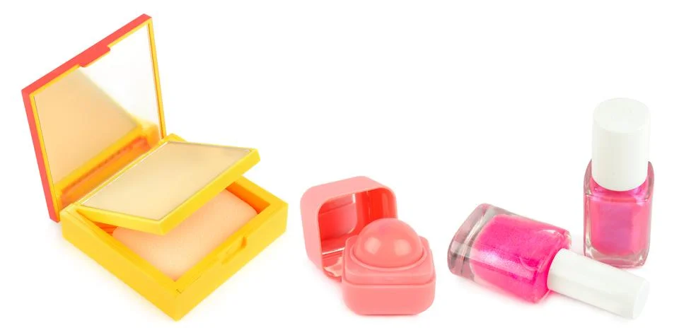 High angle studio shot of decorative cosmetics set including face powder co.. Stock Photos