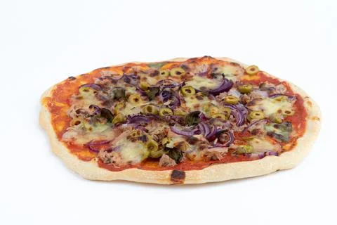 High angle studio shot of freshly baked pizza al tonno isolated on white Stock Photos
