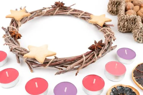 High angle studio shot of handmade, dry Christmas wreath with gingerbread stars Stock Photos
