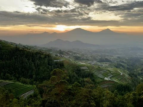High Angle Sunrise View of Terraced Farms on Mount Sumbing Slopes Foto stock
